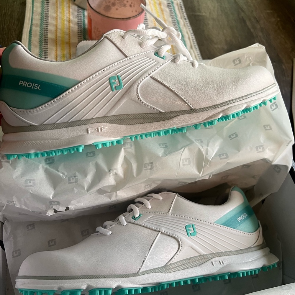 FootJoy Pro|SL White and Aqua Golf Shoes